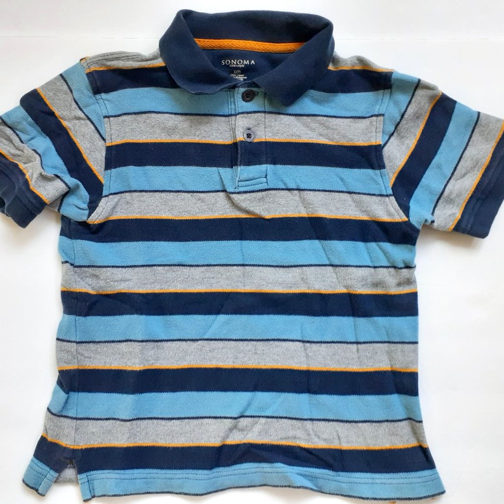 Sonoma Boys Shirt Polo Blue Gray Stripe Short Sleeve Size 7